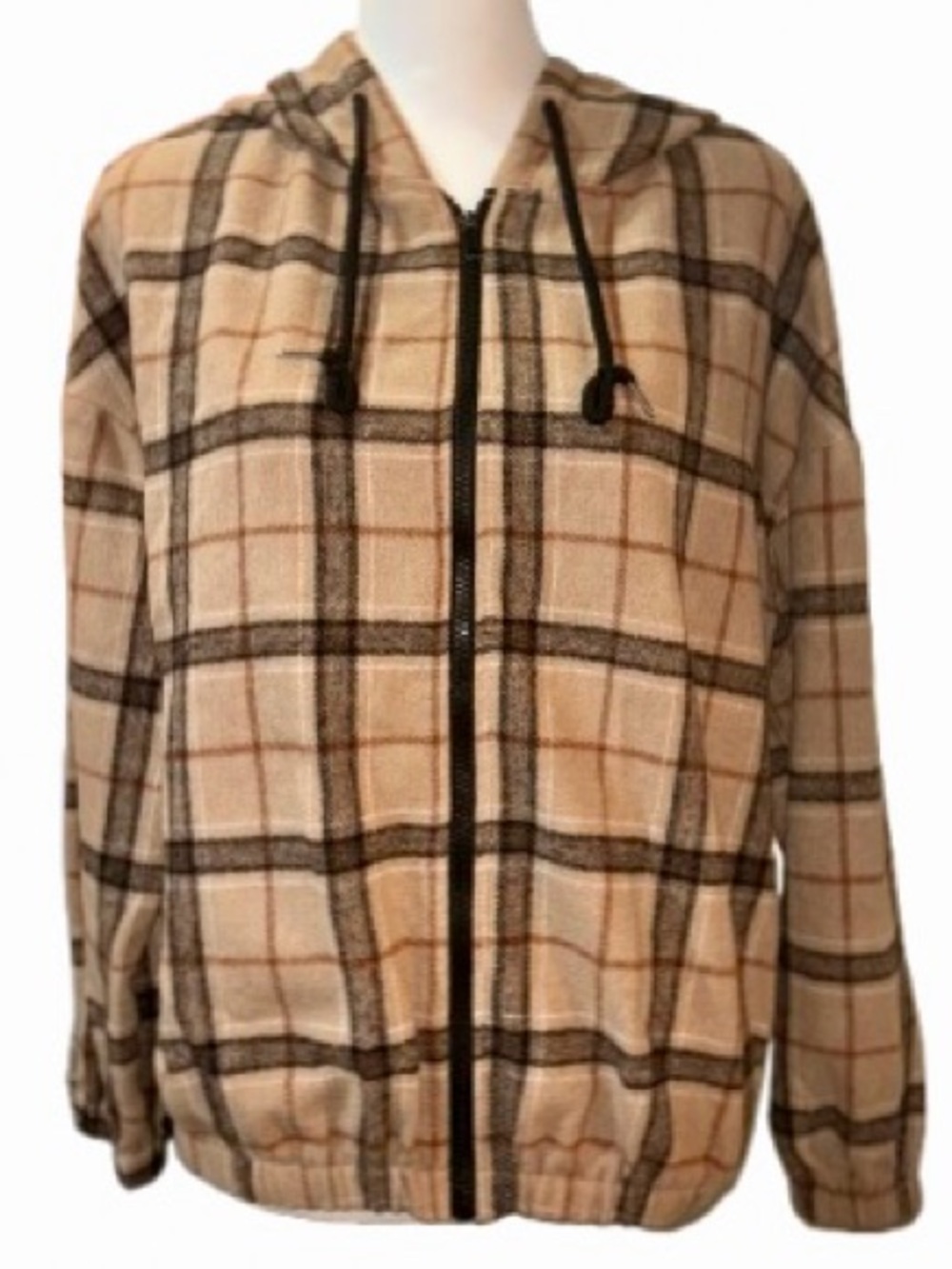 SHEIN Women's Medium Tan & Black Plaid Full Zip Hooded Jacket
